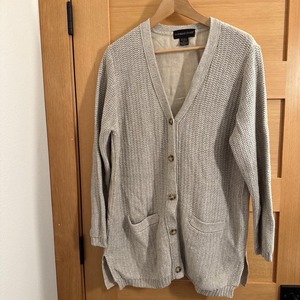 Classiques Entier Linen Blend Cardigan Sweater Womens Large Basket Weave Knit